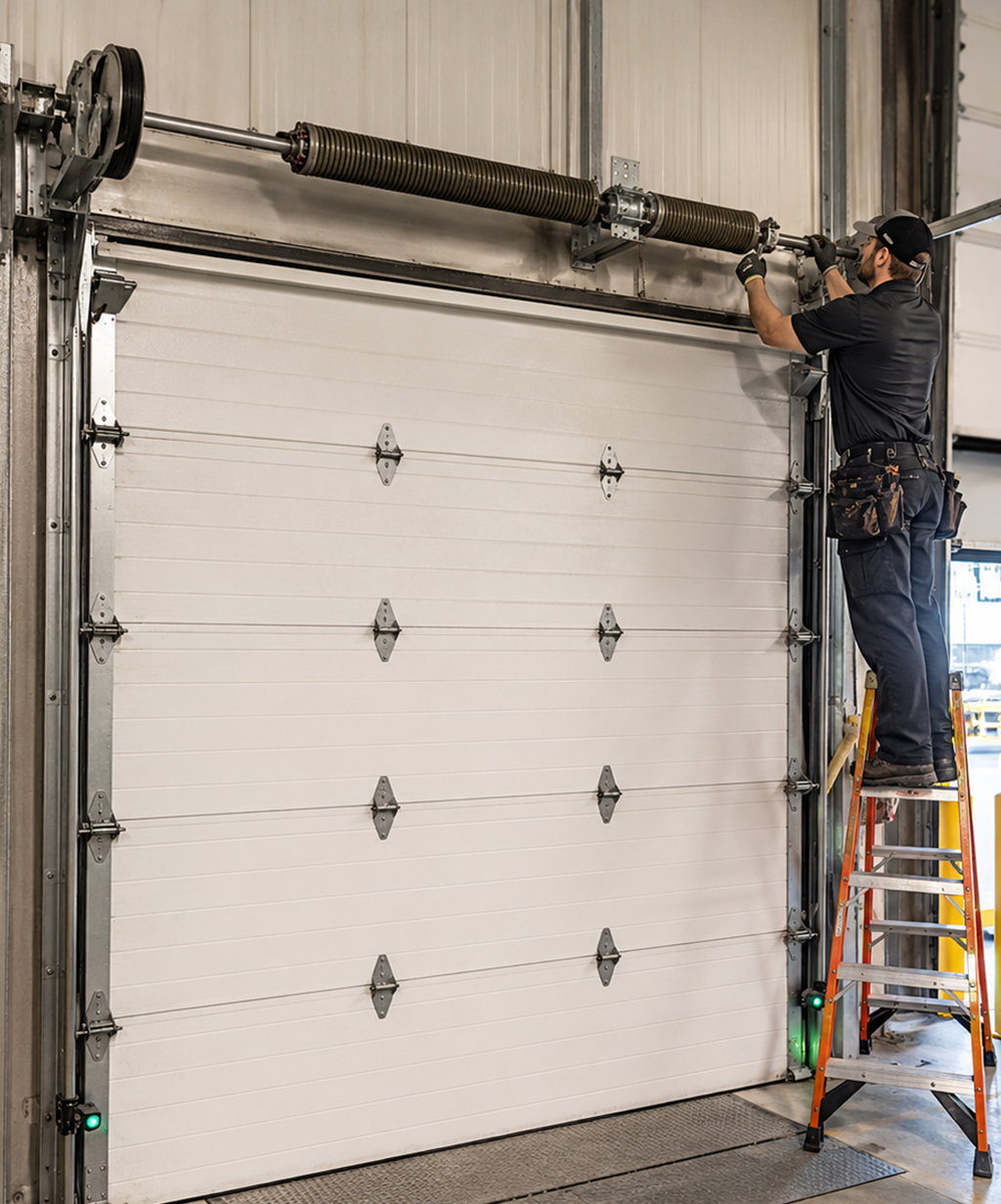 Technician repairing commercial garage door