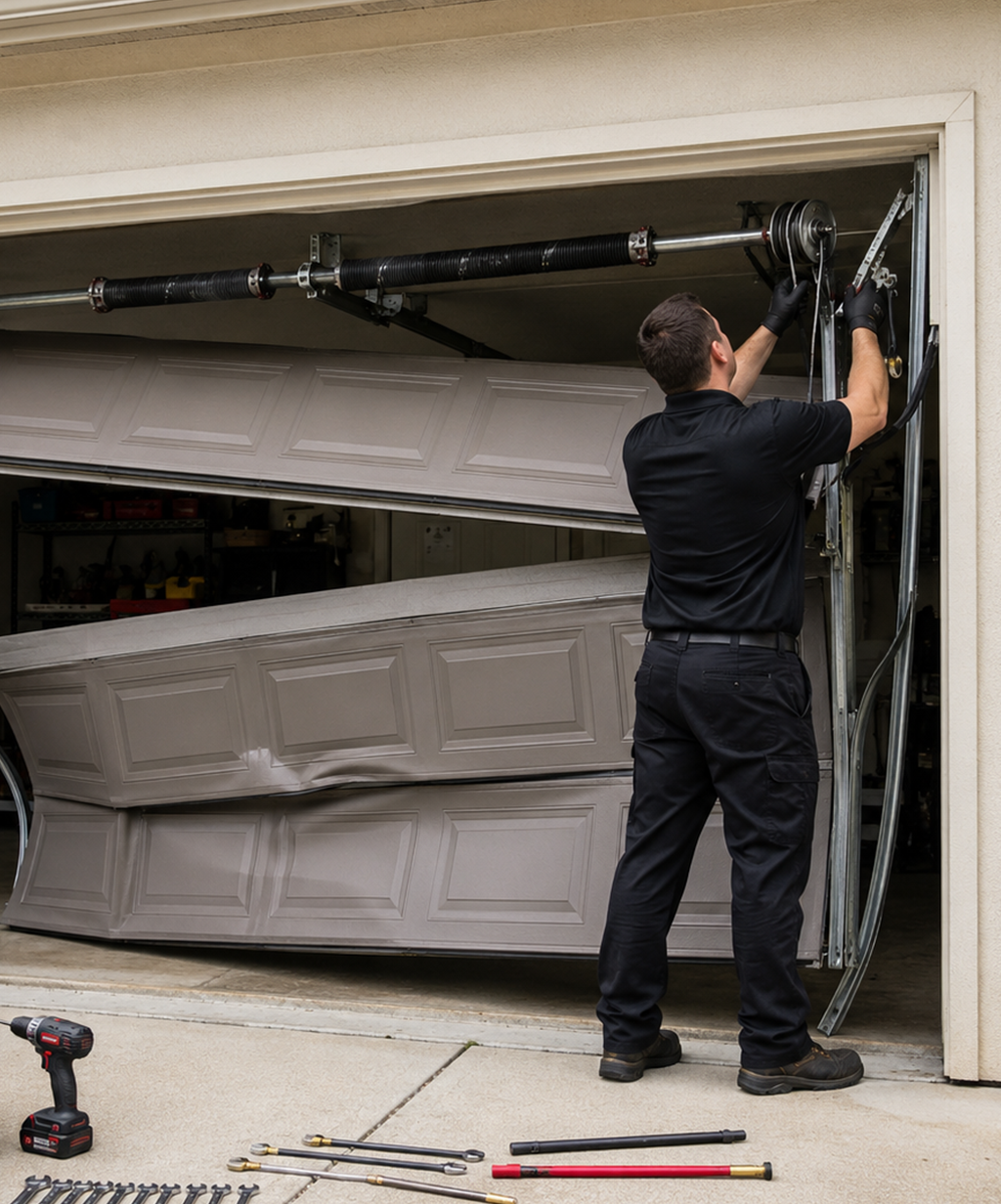 Technician repairing garage door