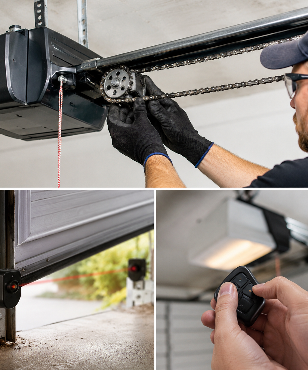 Technician repairing garage door opener