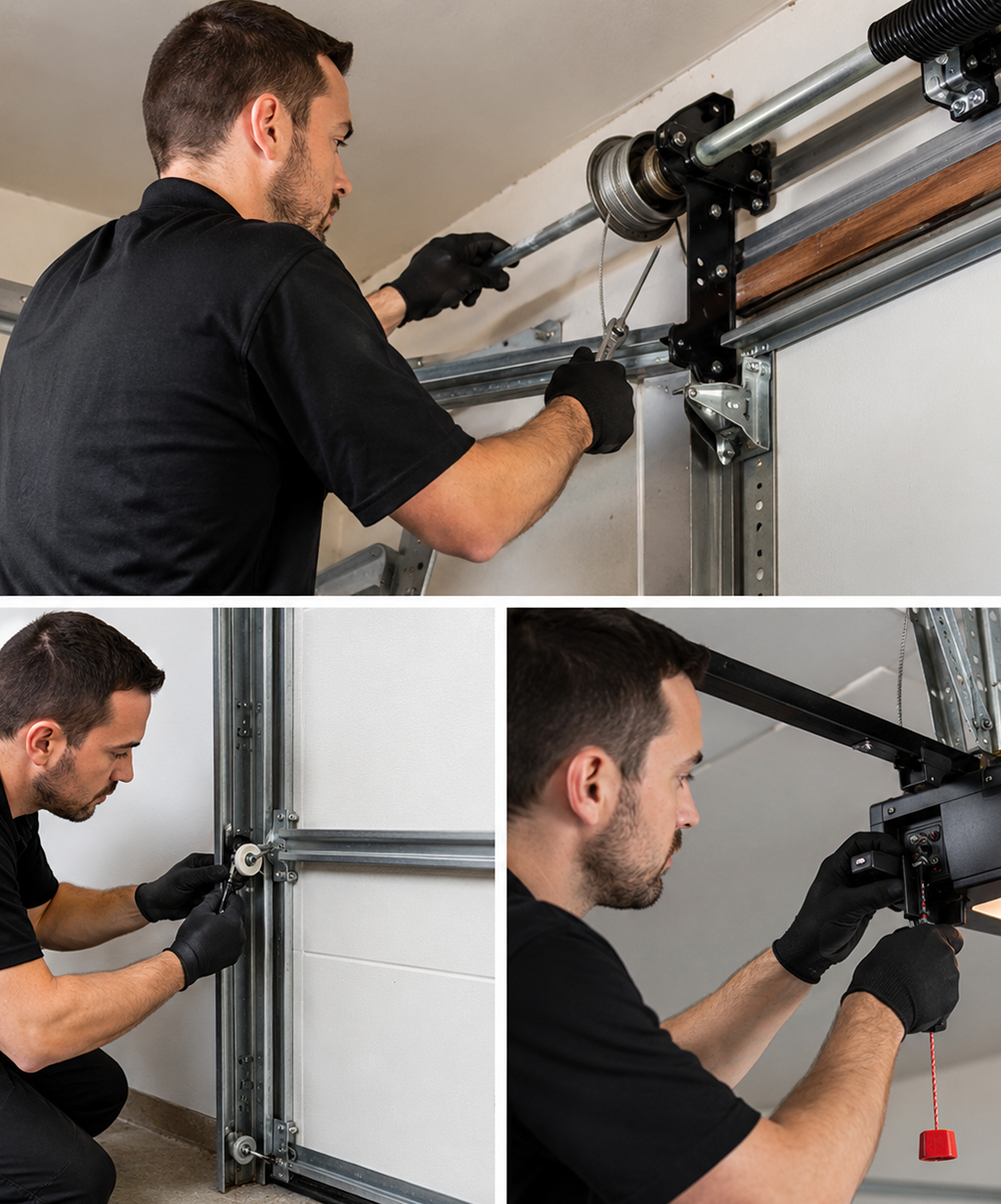 Garage door technician adjusting cables, rollers, and opener settings