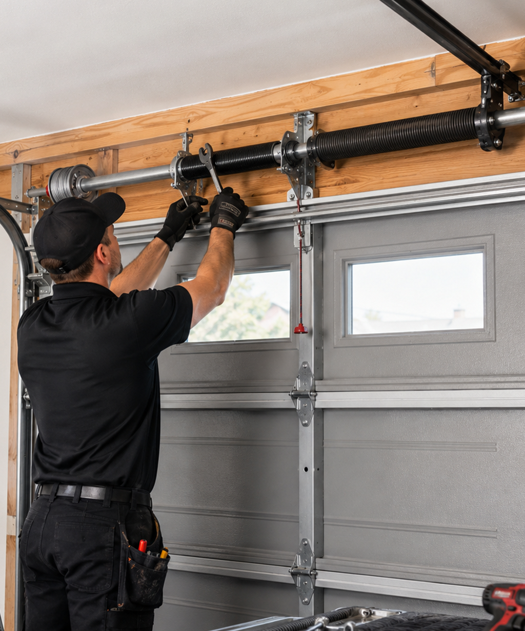 Technician repairing garage door torsion spring and cables