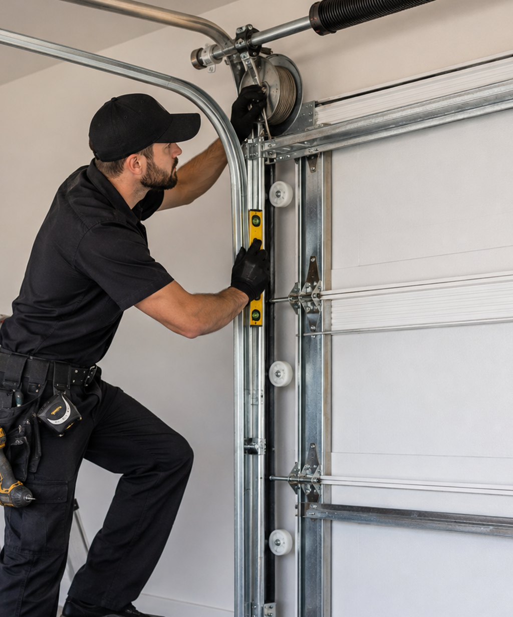 Garage door technician adjusting cables, rollers, and opener settings