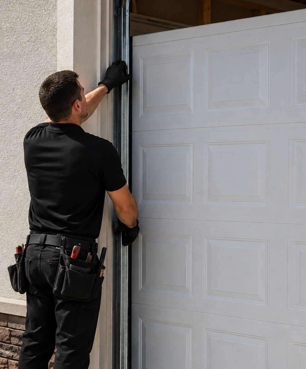 Technician repairing residential garage door