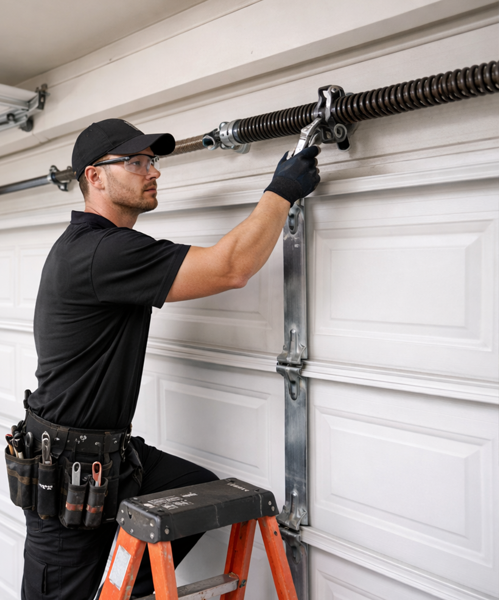 Technician repairing residential garage door
